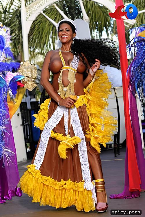 color portrait, beautiful smiling face, long wavy hair, 67 yo beautiful white caribbean carnival dancer