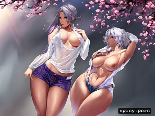 gray hair, byjustpixels, 3dt, see through tanktop with underboob