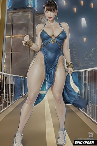 long dark blue dress, one hand on hips, chun li, smokey eyes