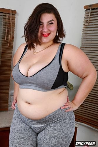 prominently shown obese fat belly, cute face, short hair, trashy