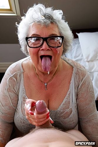 glasses, tremendous cum on tongue, old senior grandmothers, pale wrinkled skin