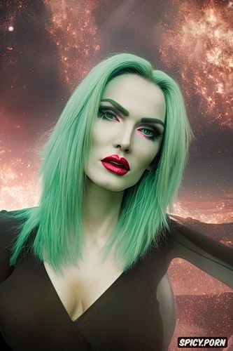 large cheekbones, broad shoulders, crossdresser, green hair