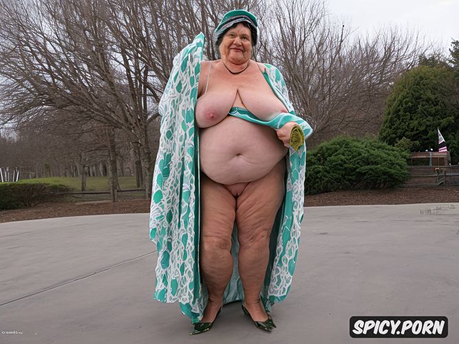 90 year old fat old woman dressed as the statue of liberty seen in full body showing her well detailed obese body