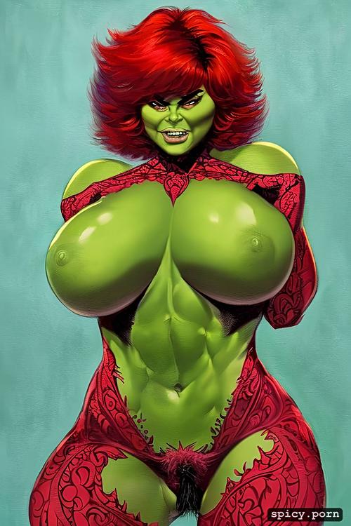 vibrant, hulk woman, beautiful face, big eyes, red body, perky nipples