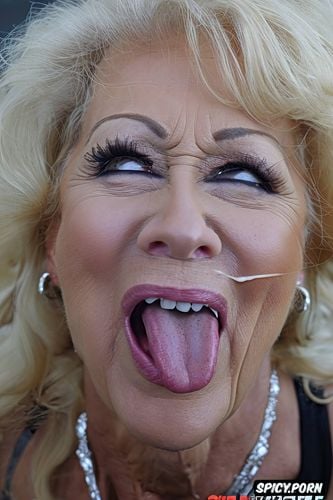 seventy year old white granny, blonde wavy hair, dick full volume inside her mouth