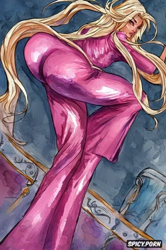 woman dressed in full length satin pajamas, pink, skinny, blonde hair