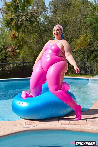 ssbbw white woman in latex solo inflatable pink swimsuit