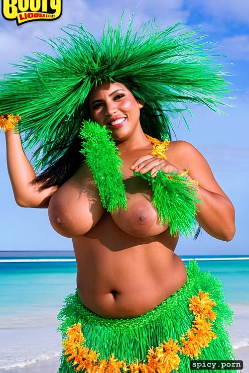 giant hanging boobs, flawless smiling face, intricate beautiful hula dancing costume
