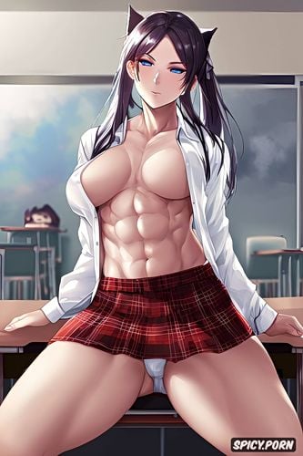 at school classroom, unbuttoned white shirt, six pack abs, blue eyes