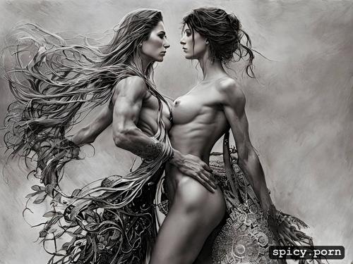 precise lineart, carne griffiths, centered, key visual, two lesbians strong warrior princess