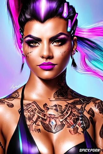 topless, tattoos, high resolution, ultra realistic, sombra overwatch beautiful face full body shot