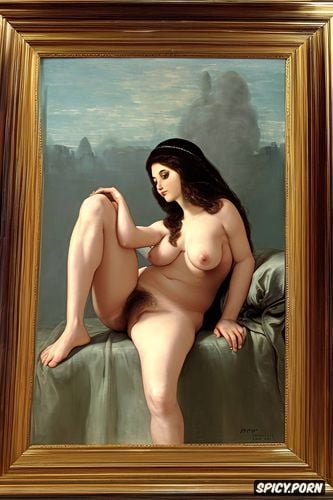 hairy pussy, chubby belly, long tibia, long neck, delacroix painting