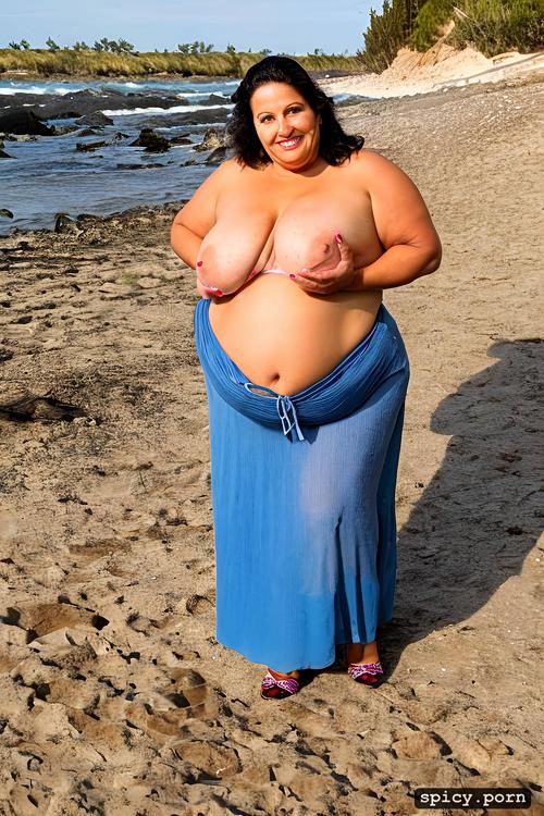 nude, wide hips, 67 yo, standing at a beach, hour glass figure