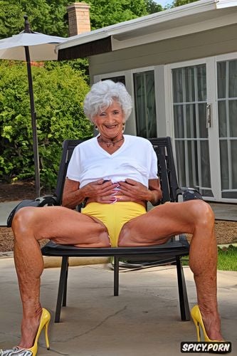 old skinny beautiful wrinkled granny tongue out in detailed spandex yellow short shorts lips cameltoe spread leg sit on bench outside in hot summer showin pussy bulge point of view