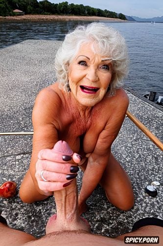 full body shot, granny looking at the dick, naked, cum on hands