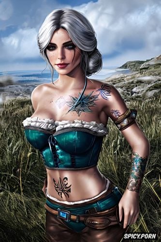 ciri the witcher beautiful face young full body shot, tattoos small perky tits masterpiece