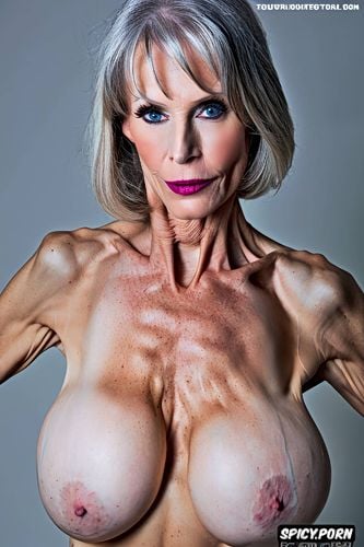 best quality, intricate, massive breast implants, silver hair