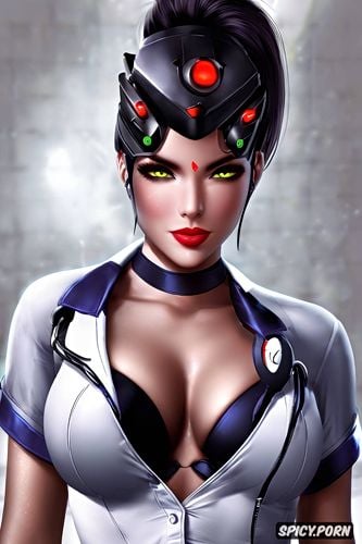 k shot on canon dslr, ultra detailed portrait, masterpiece, widowmaker overwatch female nurse black nurse scrubs white undershirt scrub top opened beautiful face full lips milf