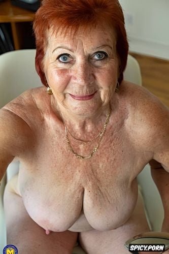 short red hair, age sixtyfive, laughing granny model face, big tits