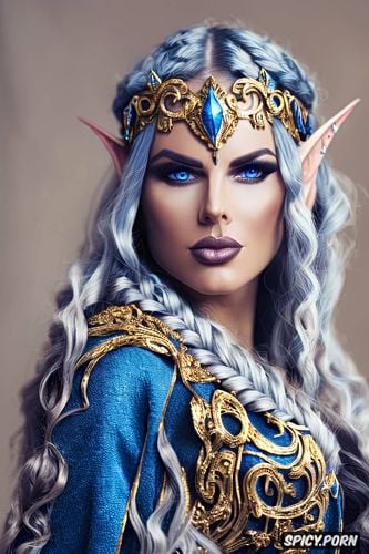 fantasy high elf queen portrait pale blue skin long dark blue hair in waves dark golden eyes muscles abs flowing royal elven robes diadem milf full pouty lips beautiful face masterpiece