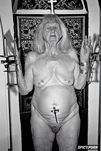 geriatric elderly woman, empty hanging saggy tits, nun, nude