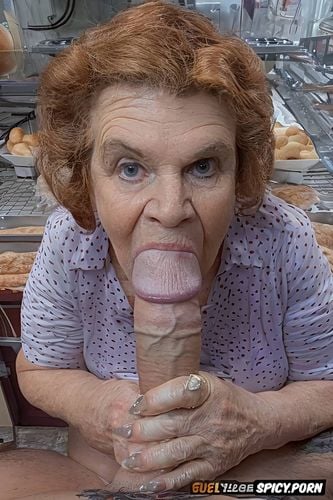 busty old granny, very detailed face, disgusted, dick oral, enormous dick