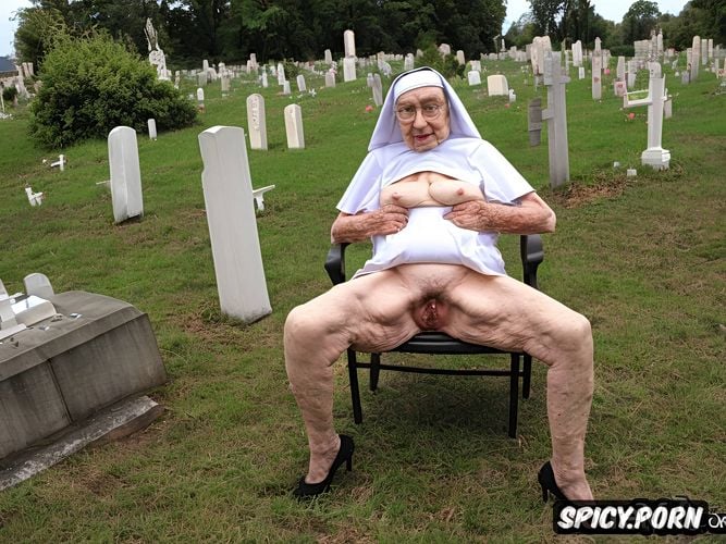 wearing habit, cemetery, grey hair, zombie, point of view, catholic nun