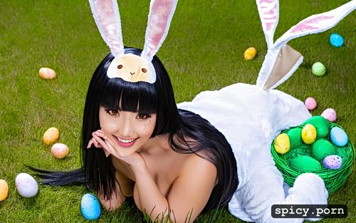 long black hair, petite, smile, japanese, realistic, rabbit costume