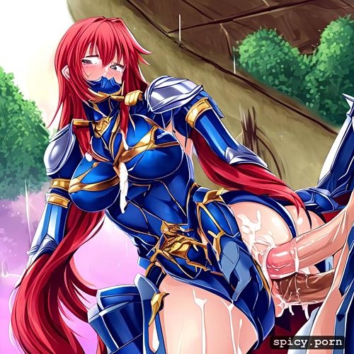 red hair ripped armor female knight, cumming inside, ripped clothes