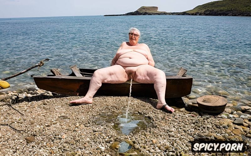 hairy pussy, sitting on a beach towel, obese, fat, very very old granny