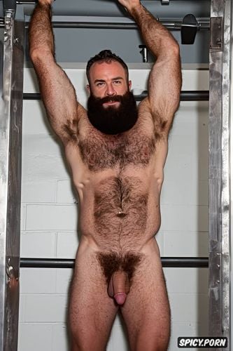 solo very hairy gay muscular old man with a big dick showing full body and perfect face beard showing hairy armpits wearing a police uniform beefy body in a jail cell