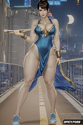 dark blue and gold dress, white tennis shoes, streetfighter