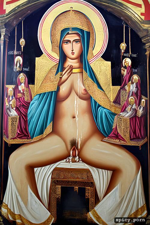 spreading legs, orthodox fresco art, hairy pudenda, sperm, leaking cum from hairy pussy