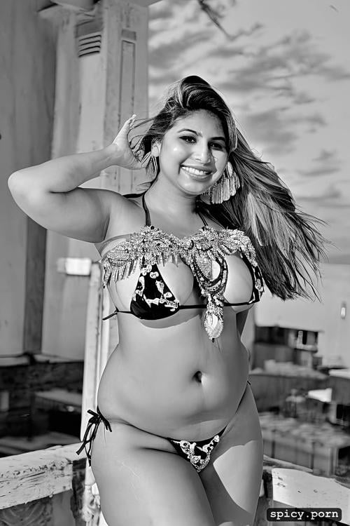 perfect stunning smiling face, intricate beautiful dancing costume with bikini top