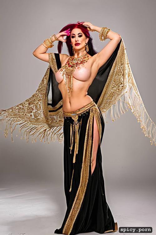 intricate hair, big saggy boobs, performing, stunning face, american bellydancer
