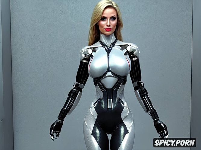 sexy blonde robot with fully metallic body and huge tits, full body view