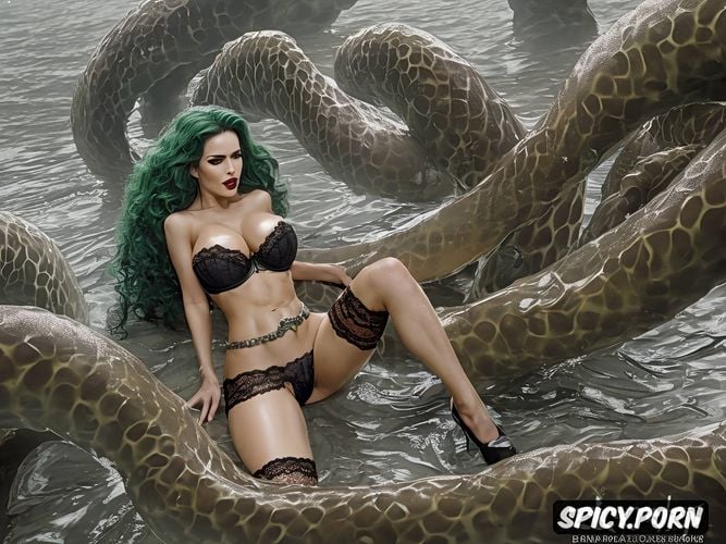 green hair, lace lingerie, thighs, panting, copulation in shallow pool