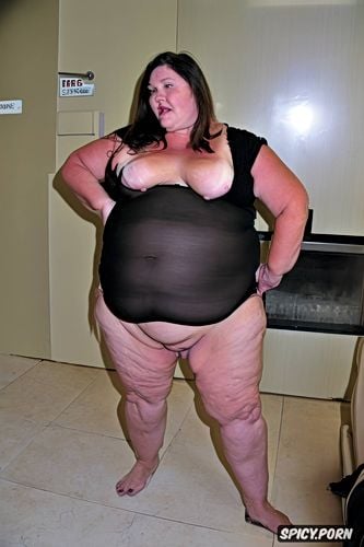 loose saggy skin, tan lines, cellulite, skin blemishes, an old fat english milf standing naked with obese belly