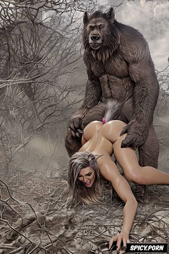 roars as he releases into her pussy, woman enjoys sasquatch fucking her doggy style