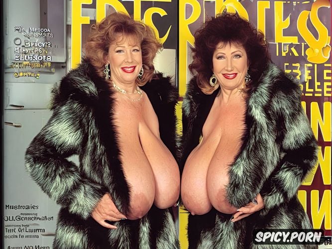 saggy breasts, gigantic breasts, long boobs, woman wearing oversized fur coat