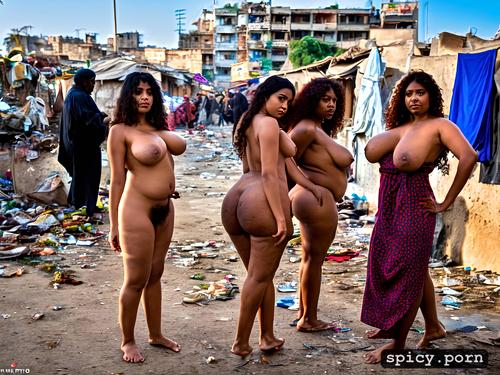 market, in filthy slum, huge nipples, traditional arabic dress