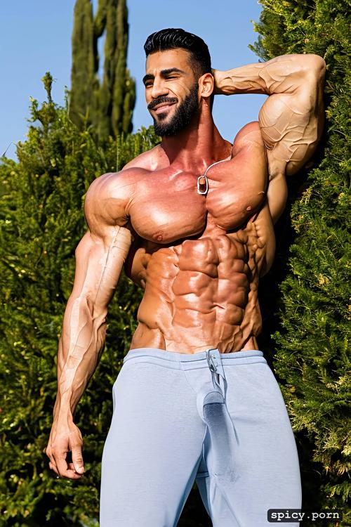 bodybuilder, realistic, amazing smile, huge muscled legs, thin lips