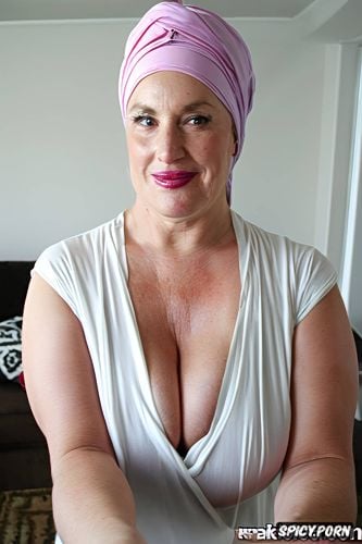 look tits, only pink headscarf, pink lipstick, white breasts