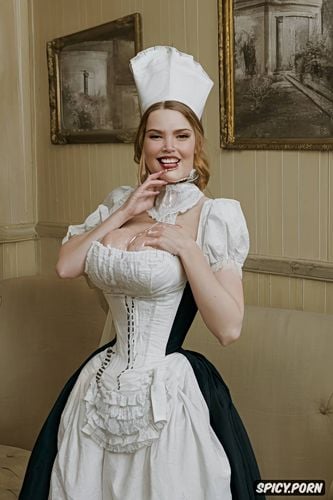 smiling seductively, british beauty, year old, victorian era wet house maid