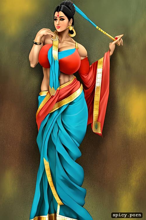 beautiful face, strong legs, strong biceps, coloured saree, strong abs