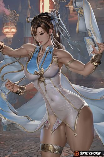 chun li streetfighter, long dress, thick thighs, wide hips, fat thighs