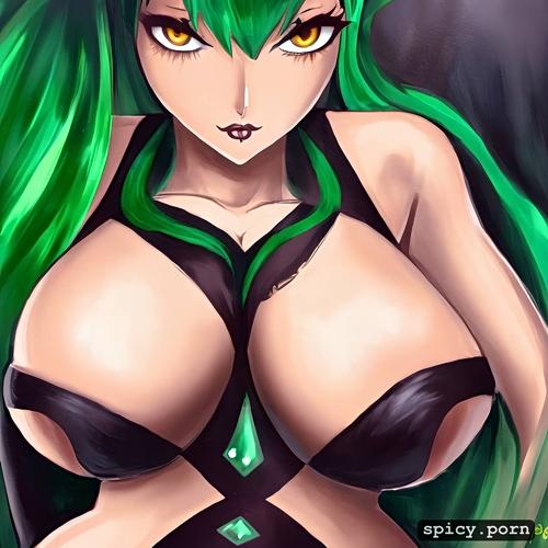 black lady, green hair, sharp focus, big hips, big boobs, hourglass figure body