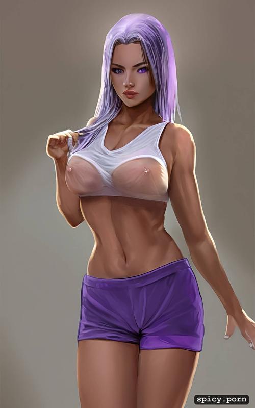 purple eyes, pretty naked female, style artificy, 20 yo, see through tanktop with underboob