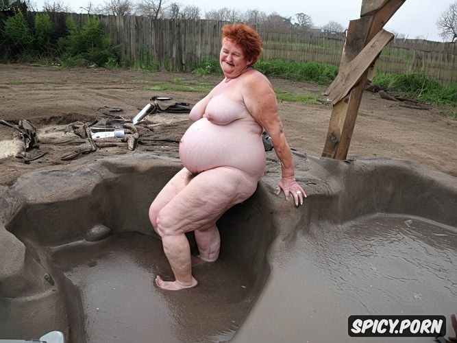 in filthy piss filled bathtub, naked obese bbw granny, short red hair