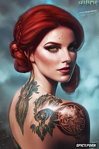 tattoos masterpiece, k shot on canon dslr, ultra detailed, triss merigold the witcher beautiful face young full body shot